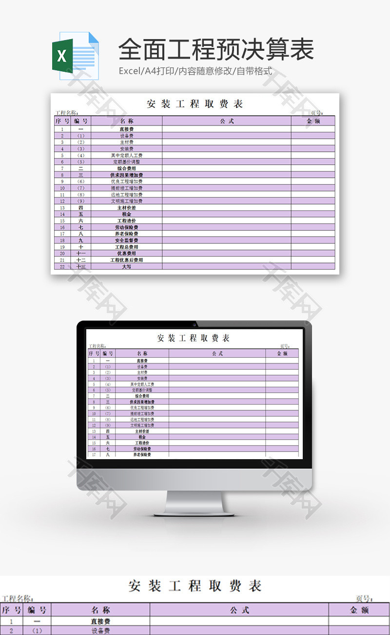 全面工程预决算表格Excel模板