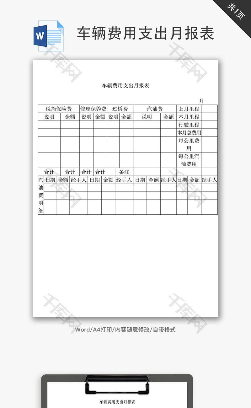 车辆费用支出月报表Word文档