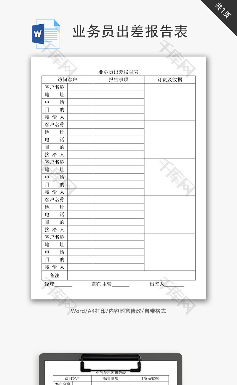 业务员出差报告表Word文档