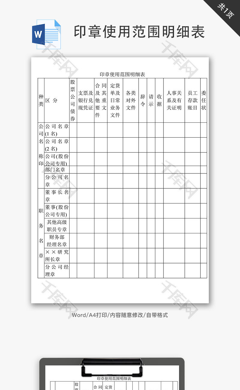 印章使用范围明细表Word文档