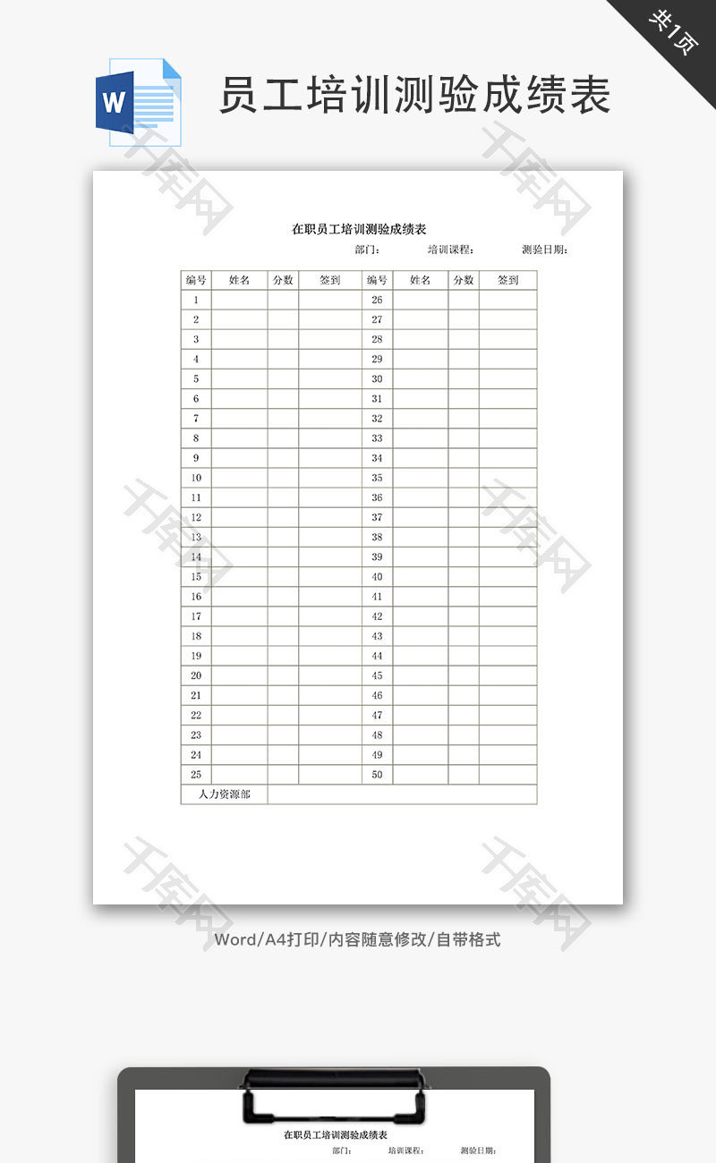 在职员工培训测验成绩word文档