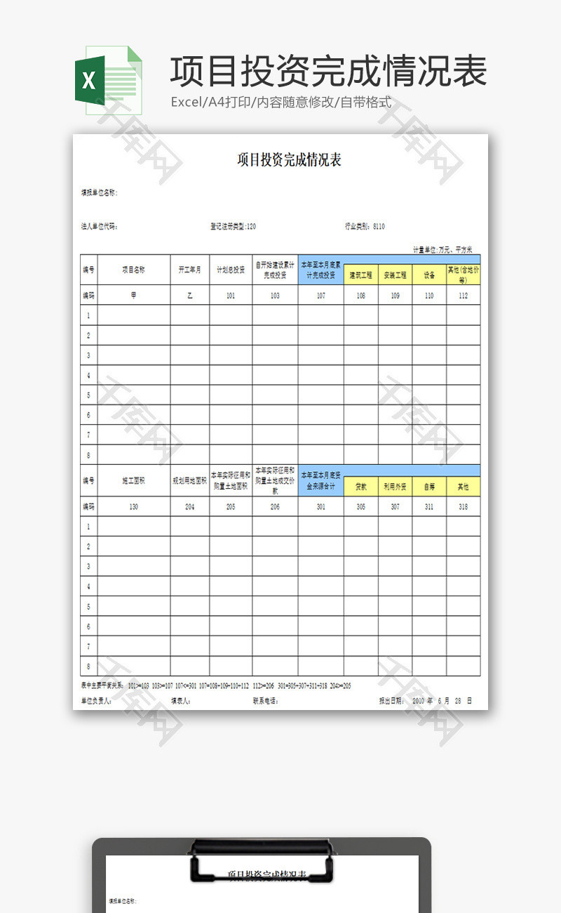 项目投资完成情况表Excel模板