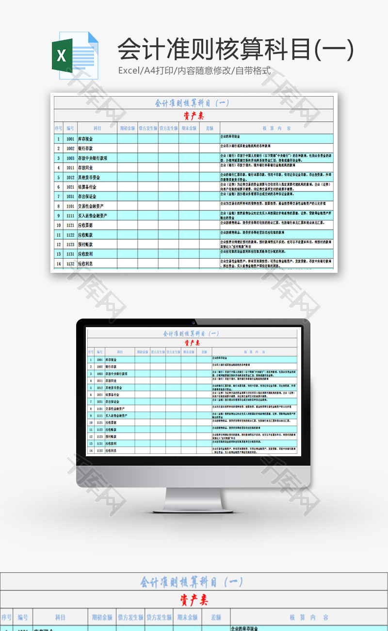 会计准则核算科目（一）Excel模板.