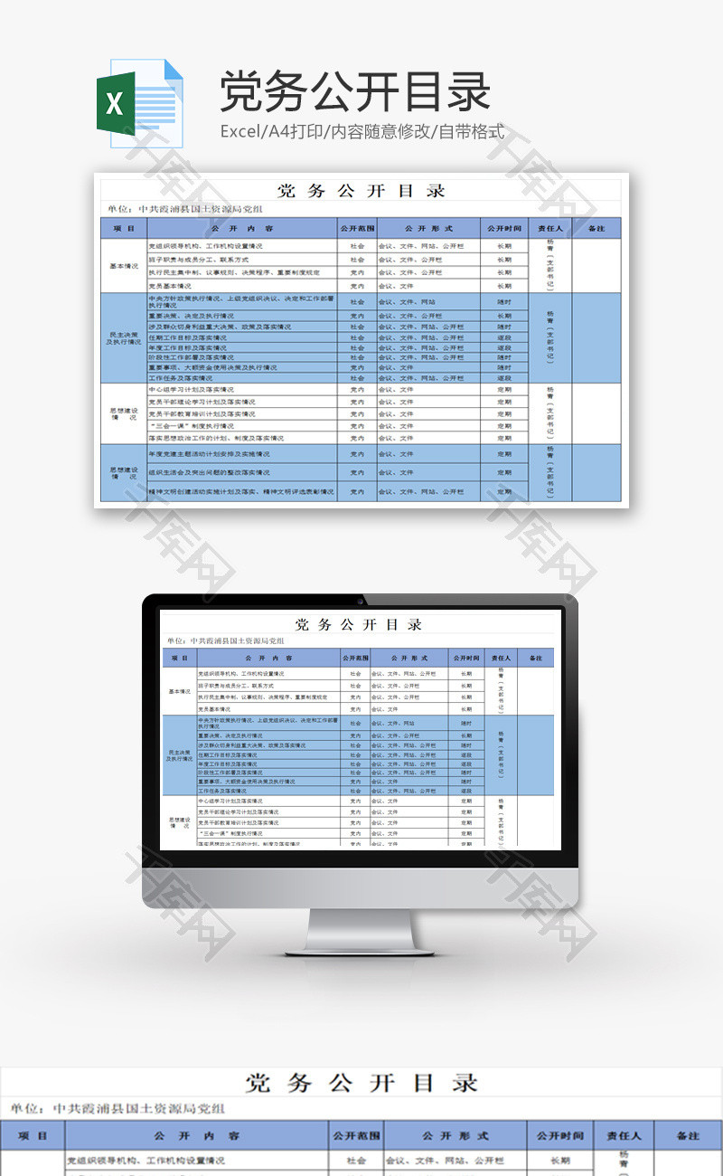 局党务公开目录表Excel模板