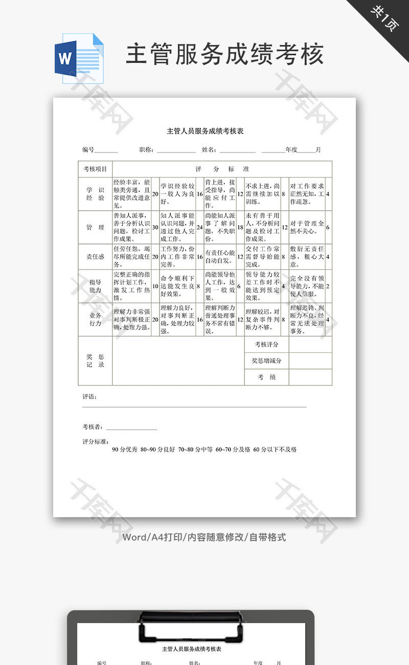 主管人员服务成绩考核Word文档