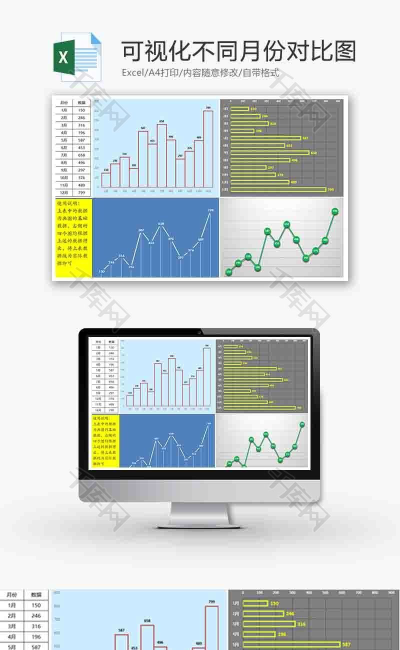 企业办公月份对比图条形图excel模板