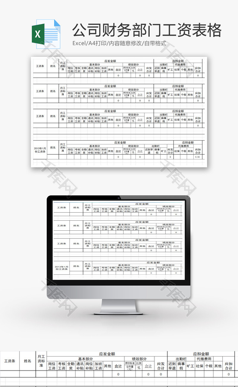 公司财务部门工资条表格Excel模板