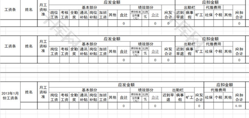 公司财务部门工资条表格Excel模板