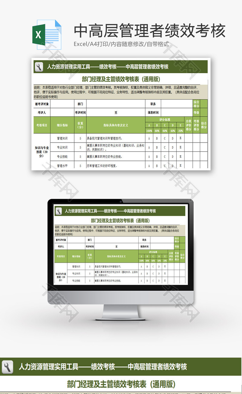 部门经理及主管绩效考核表Excel模板