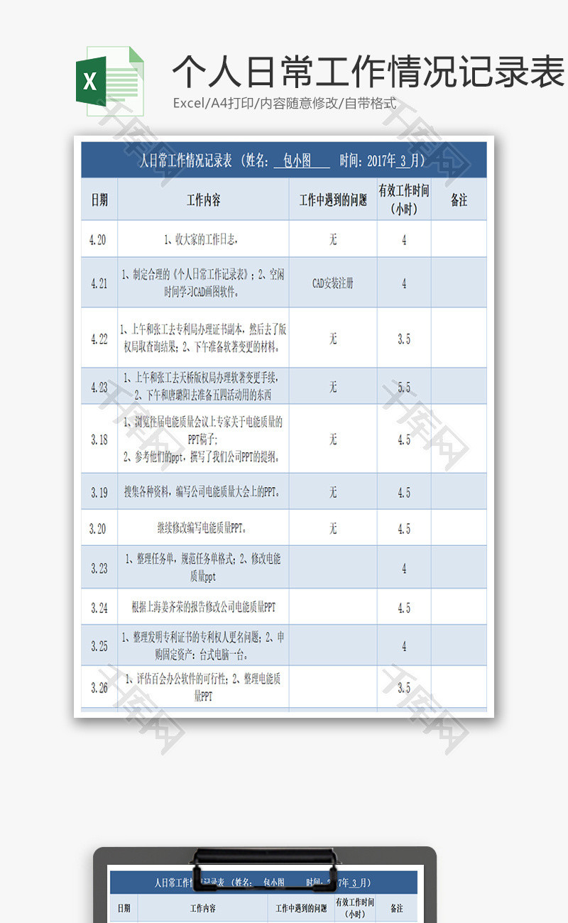 个人日常工作情况记录表Excel模板