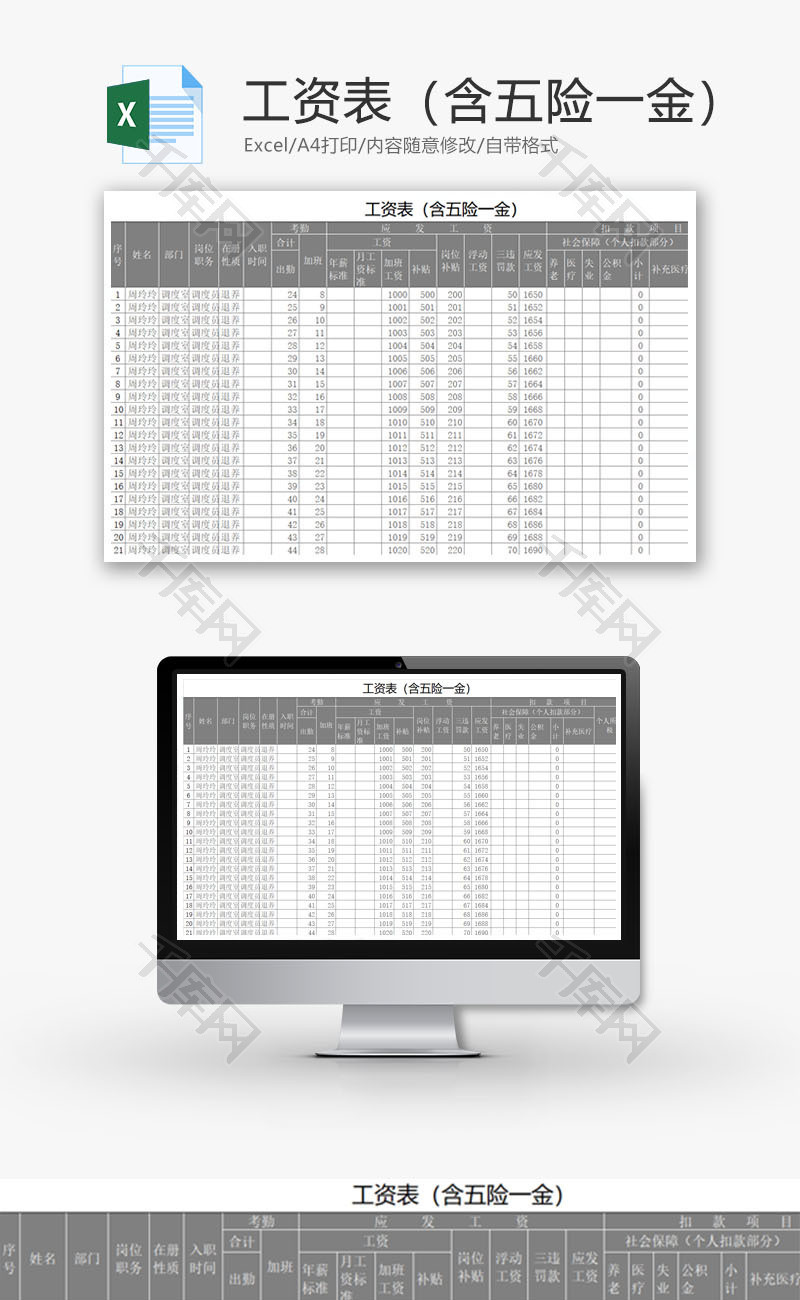 工资表（含五险一金）Excel模板