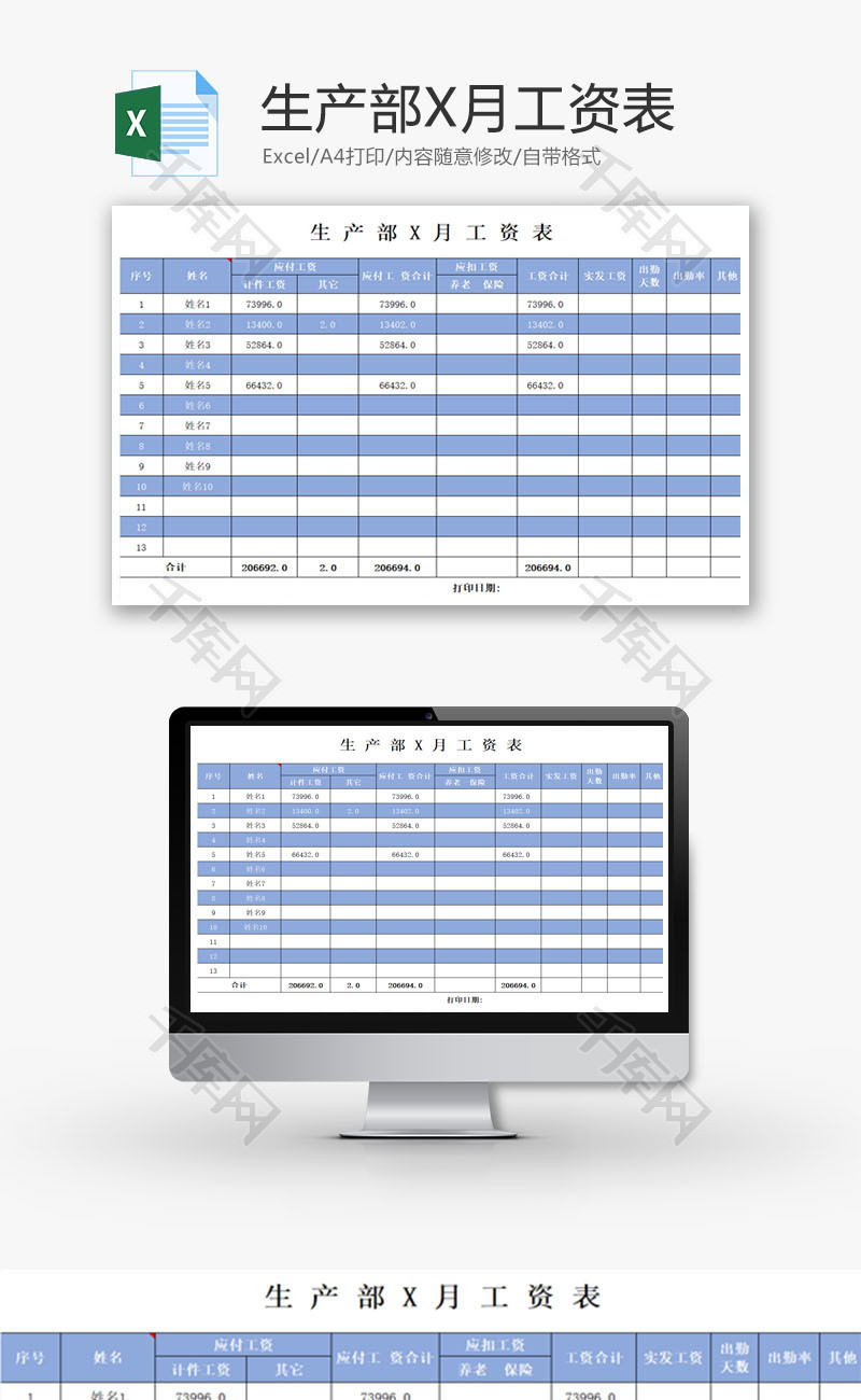 生产部每月工资表Excel模板