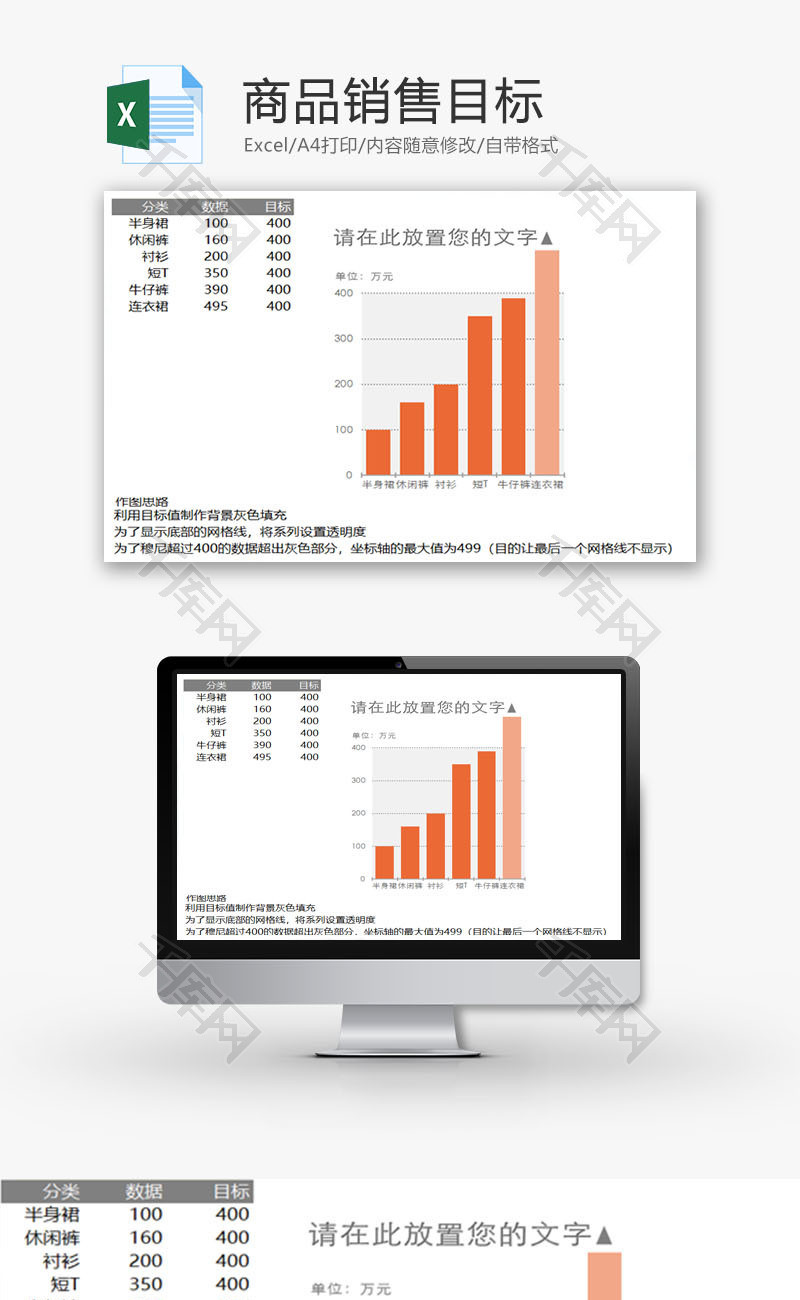 橙色柱形图商品销售目标Excel模板
