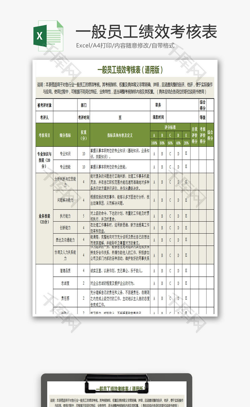 一般员工绩效考核表Excel模板