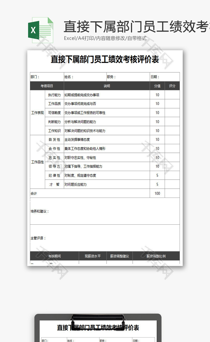 直接下属部门员工绩效考核评价表Excel