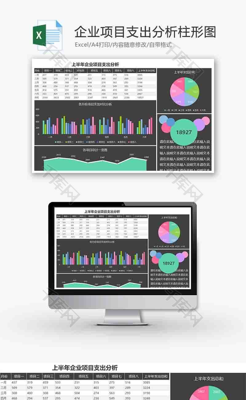 企业项目支出分析柱形图Excel模板
