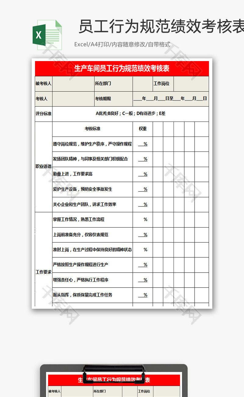 员工行为规范绩效考核表Excel模板