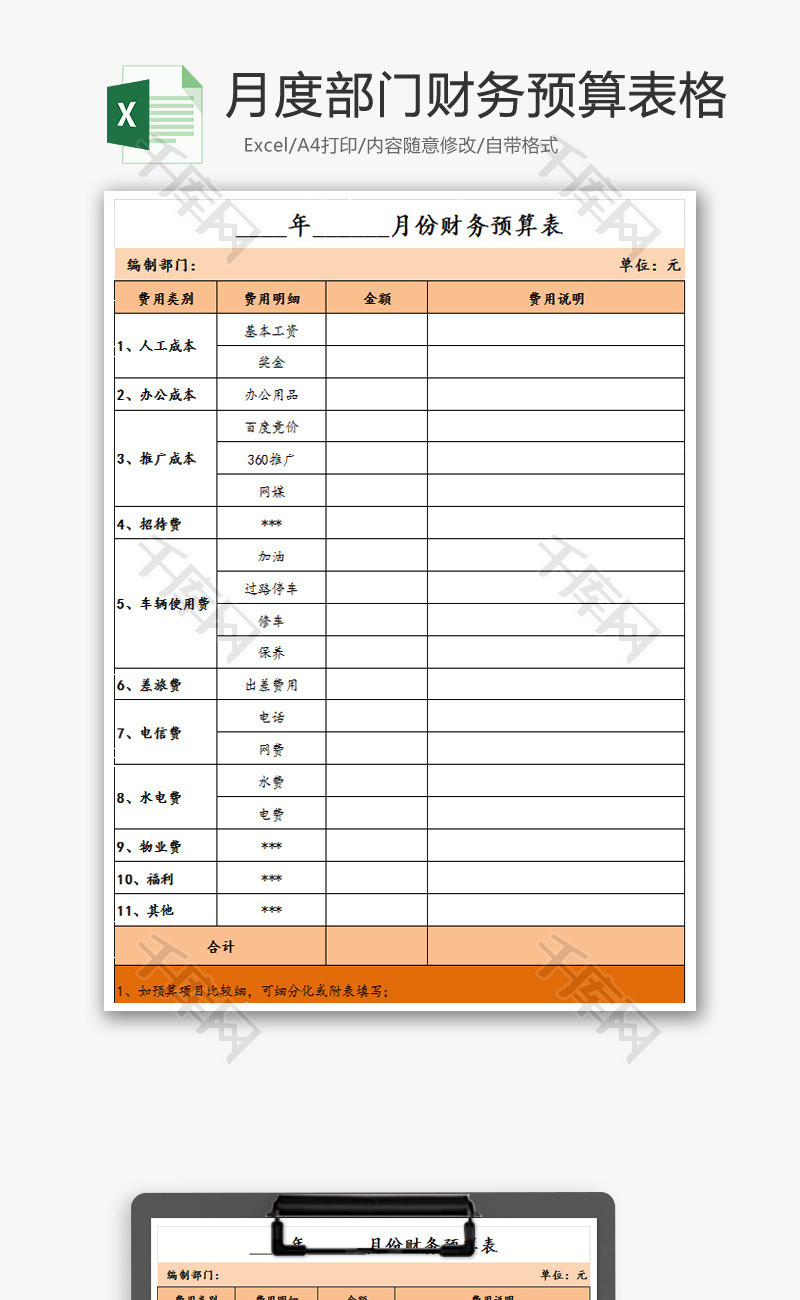 月度部门财务预算表格Excel模板