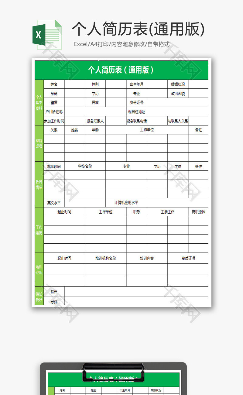 个人简历表(通用版)excel模板