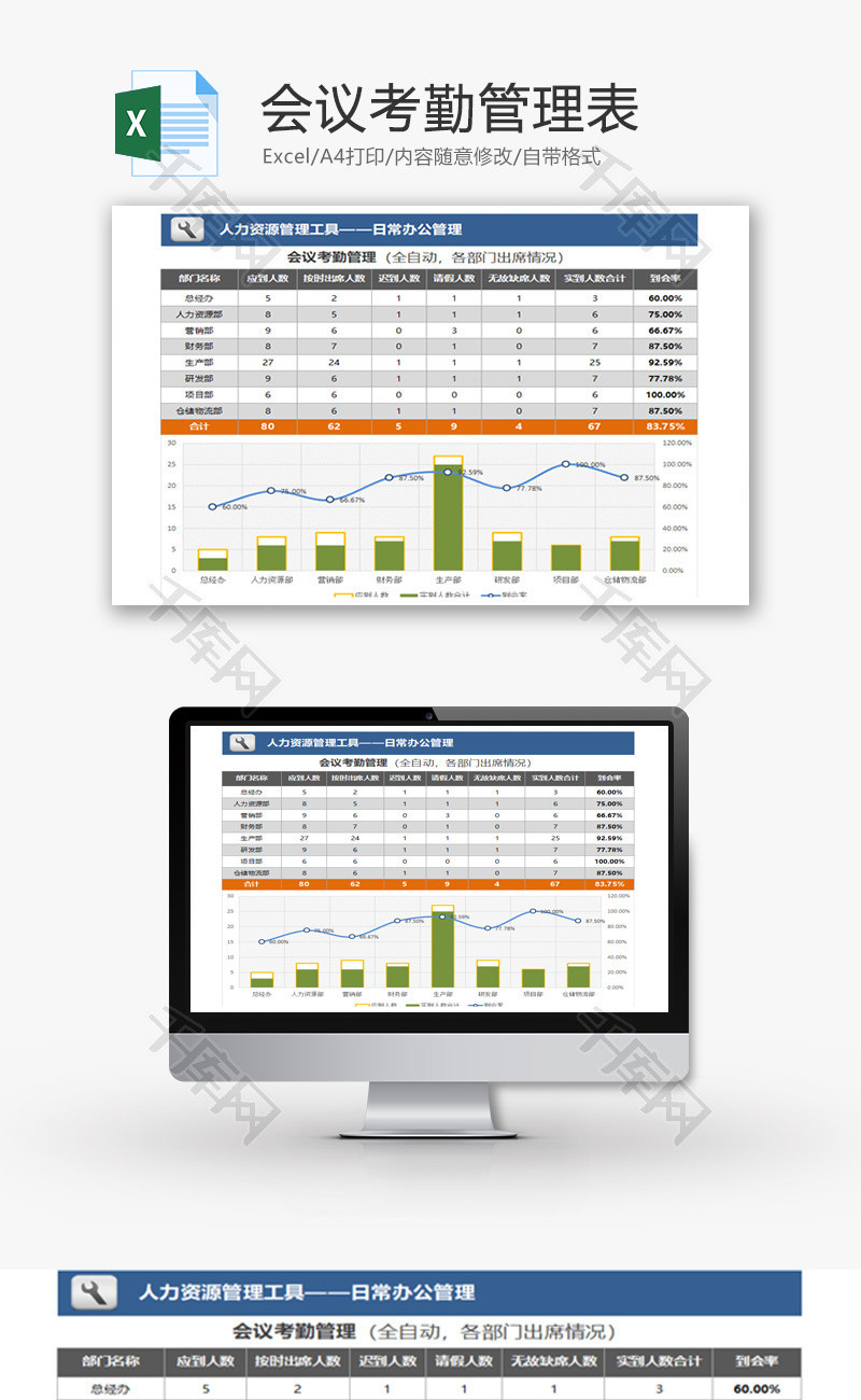 会议考勤管理表统计分析表Excel模板
