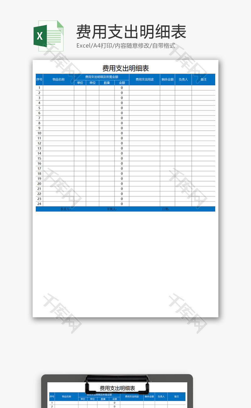 费用支出明细表Excel模板