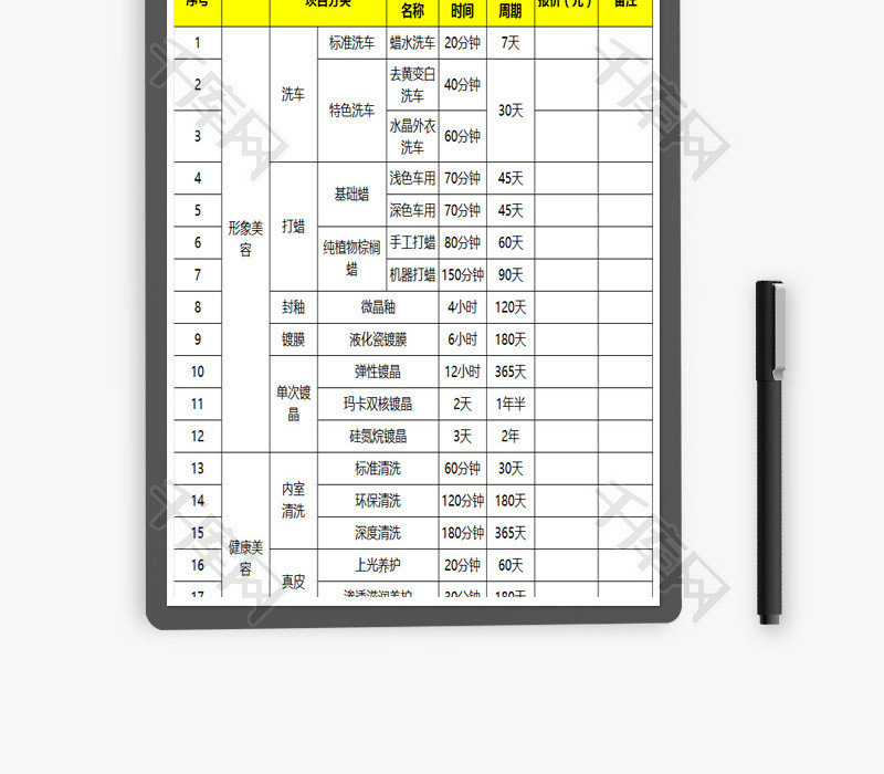 汽车美容项目报价单Excel模板