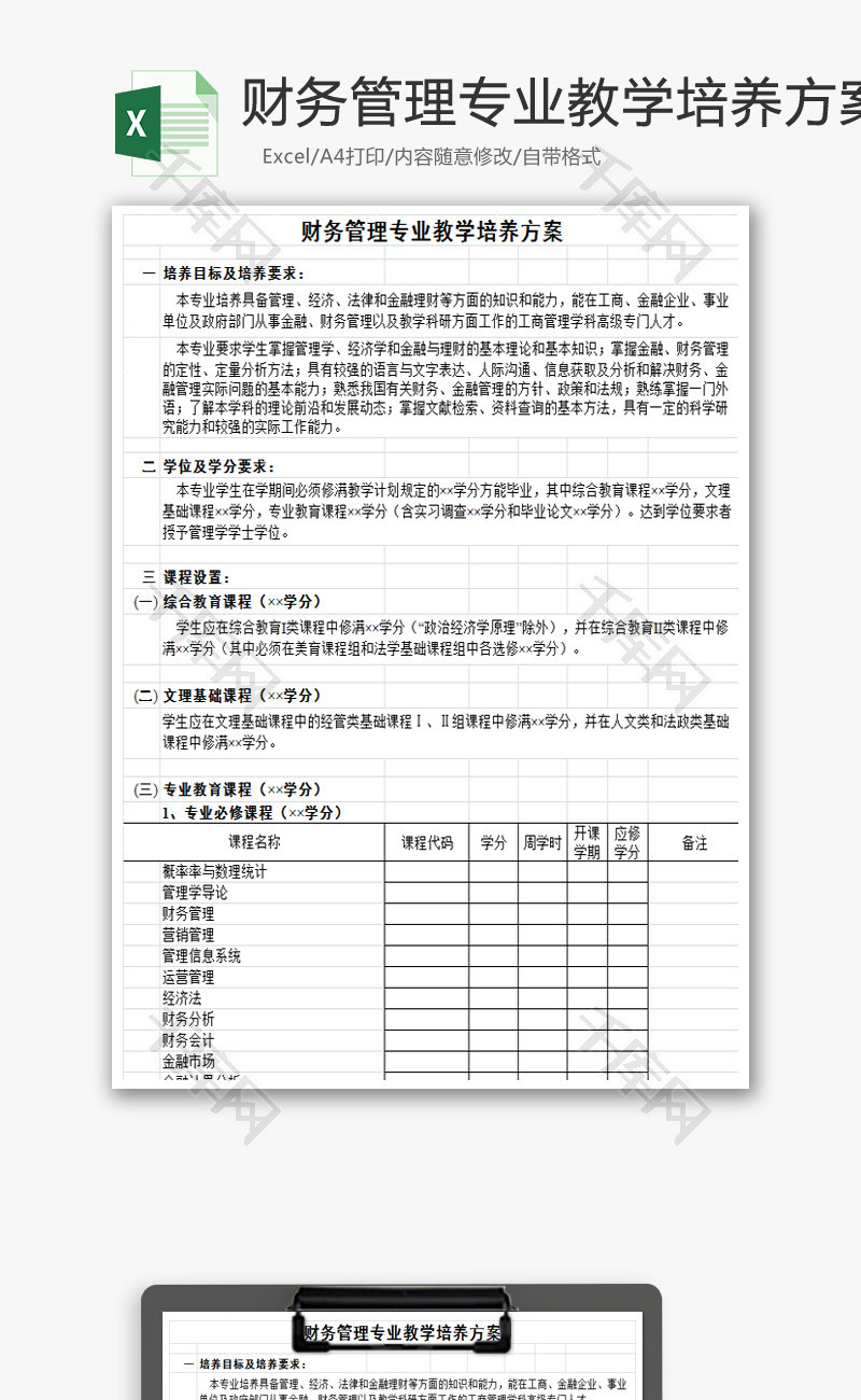 财务管理专业教学培养方案Excel模板