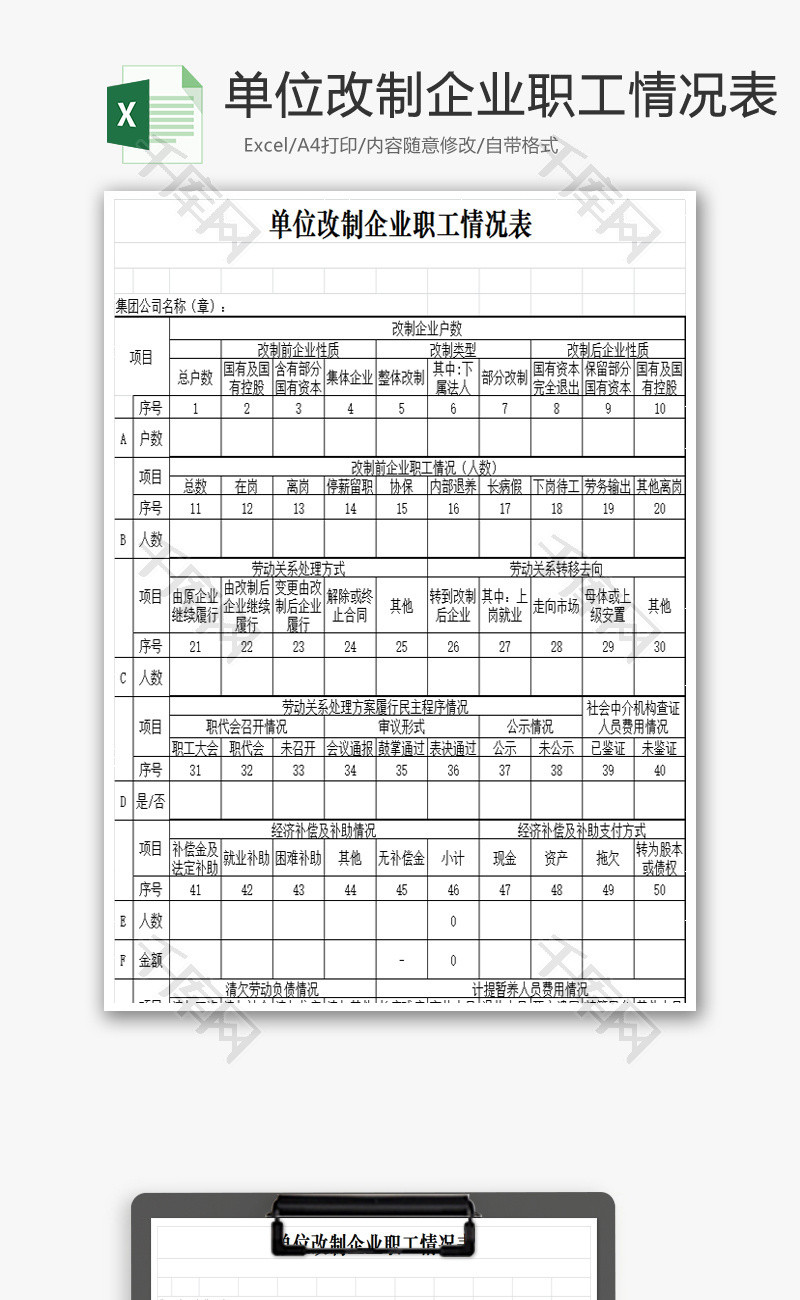 改制企业职工情况表Excel模板