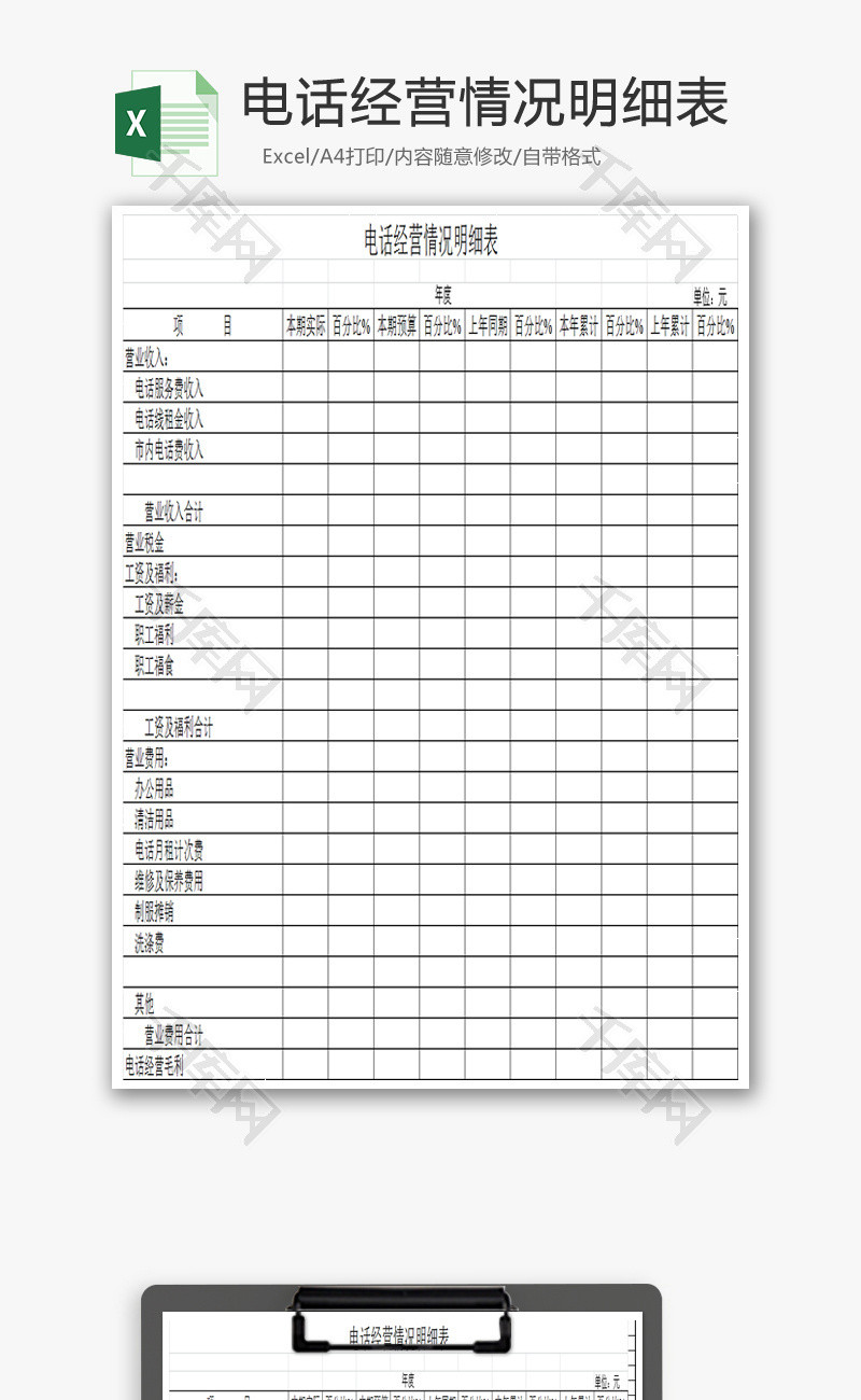 电话经营情况明细表Excel模板