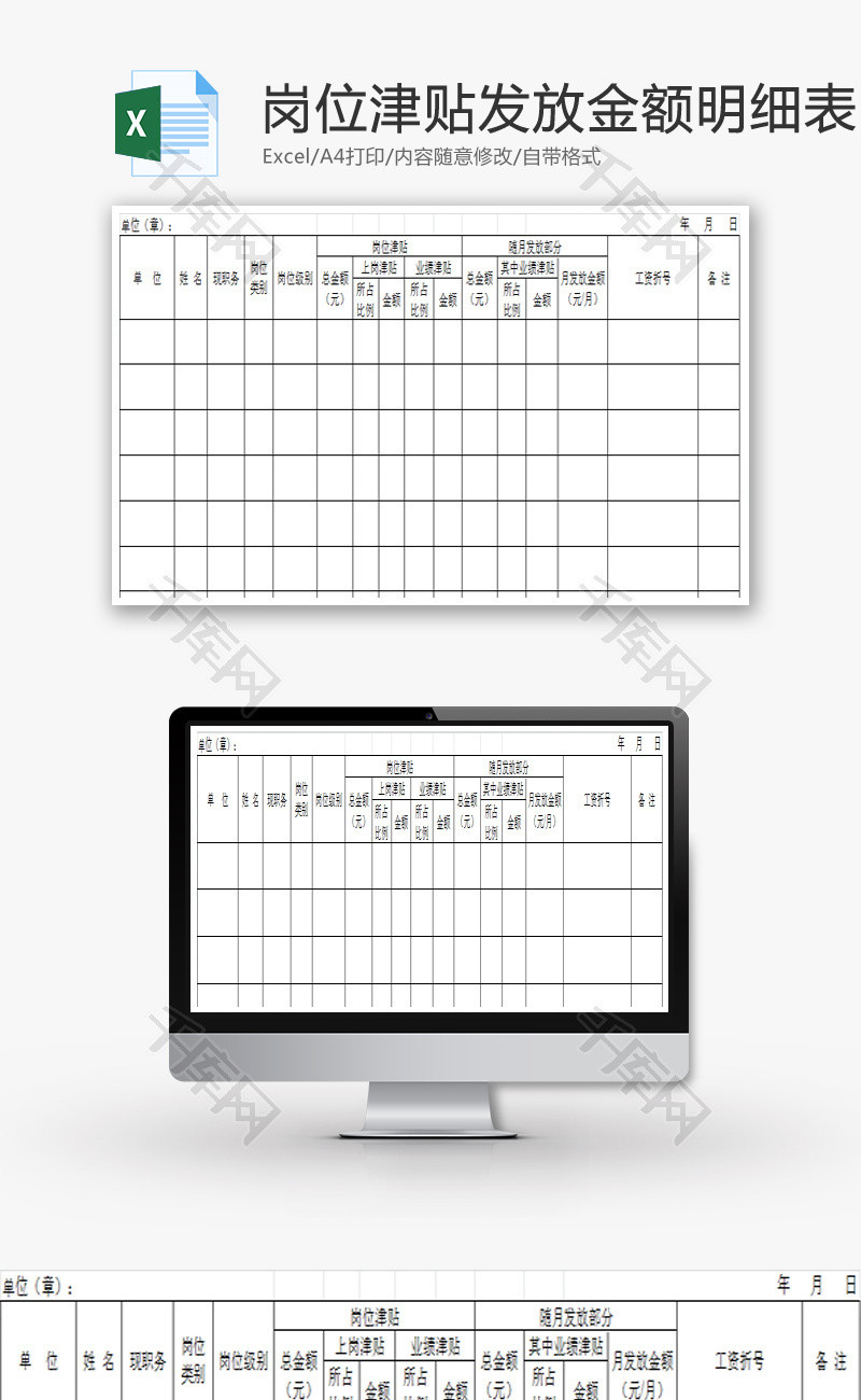 岗位津贴发放金额明细表2Excel模板