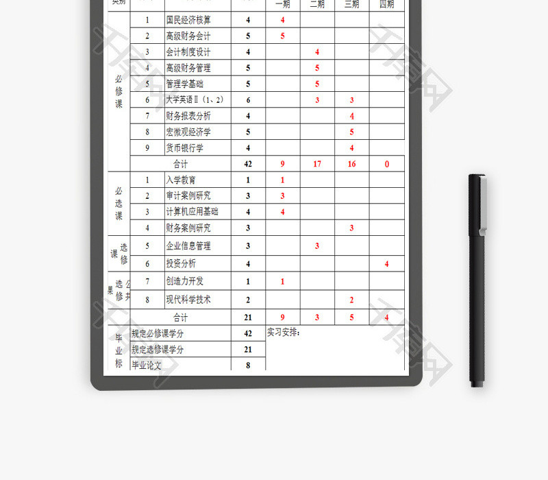 会计学专业教学计划进程表EXCEL模板