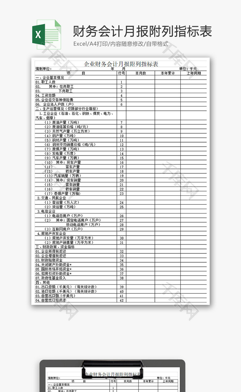 企业财务会计月报附列指标表Excel模板