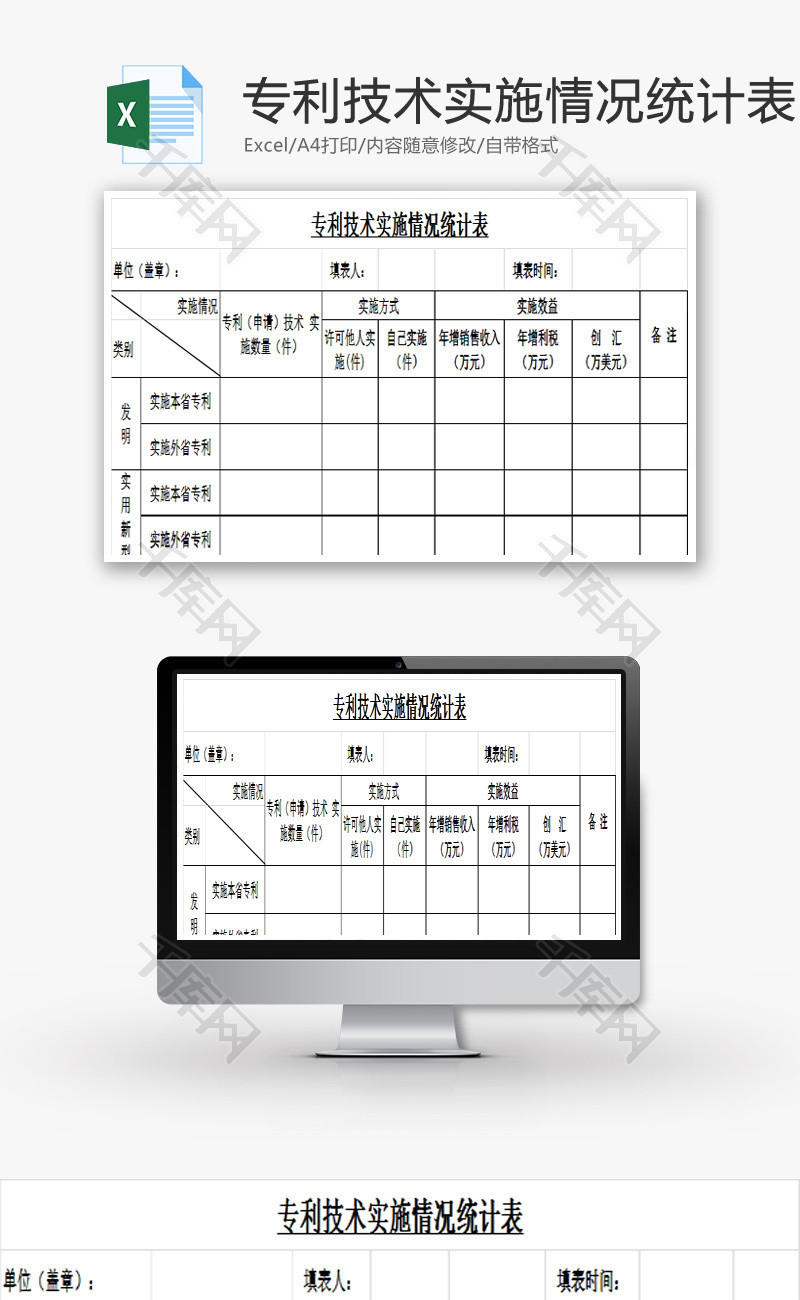 专利技术实施情况统计表EXCEL模板