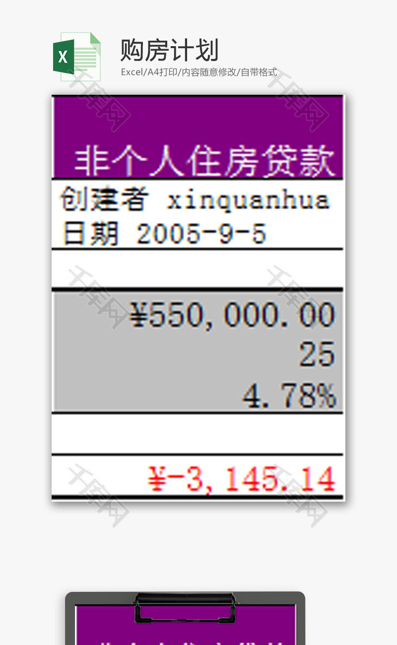 日常办公购房计划Excel模板