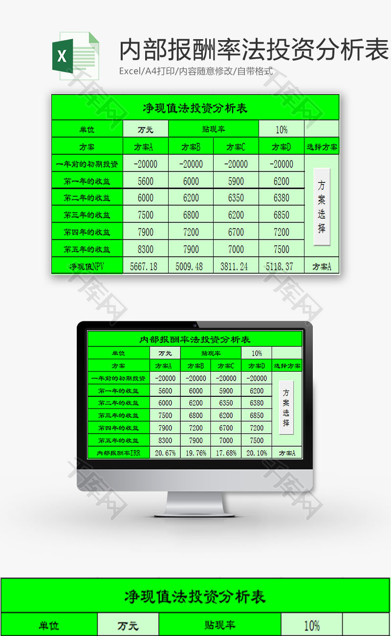 日常办公内部报酬率法投资Excel模板