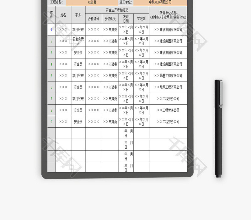 安全生产管理人员登记表1EXCEL模板