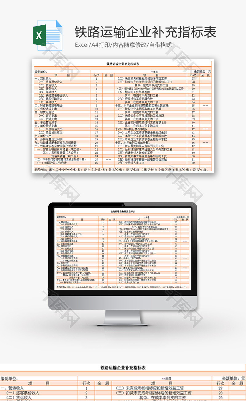 铁路运输企业补充指标表Excel模板