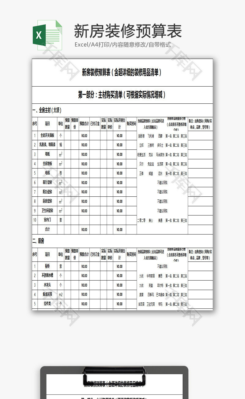 新房装修预算表EXCEL模板