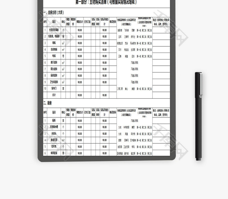 新房装修预算表EXCEL模板