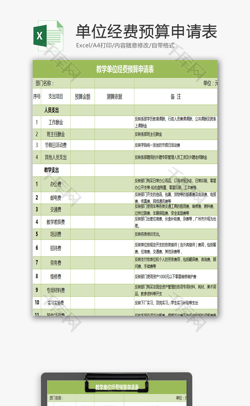 教学单位经费预算申请表EXCEL模板