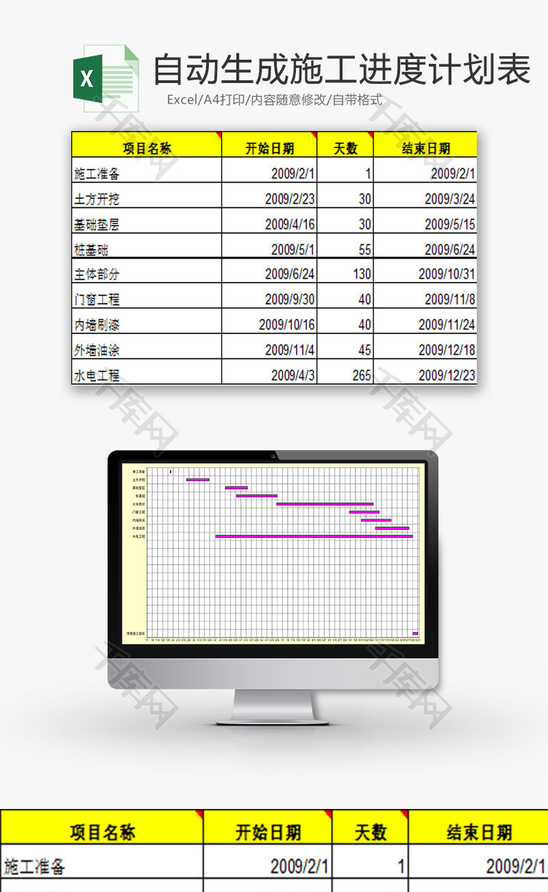 日常办公施工进度计划表Excel模板