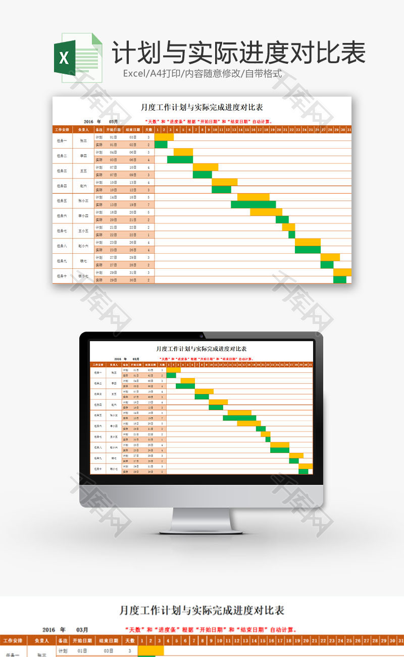 日常办公计划实际完成进度表Excel模板免费下