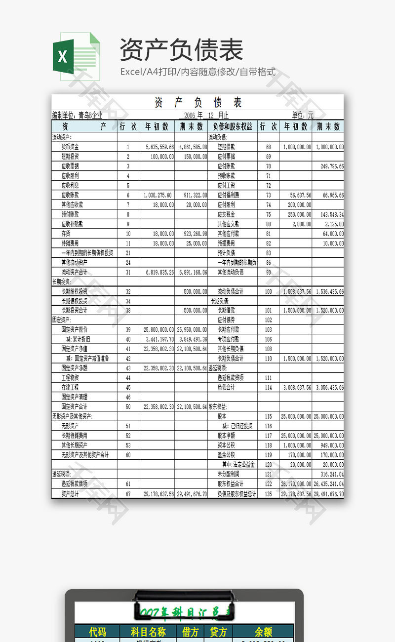 财务报表资产负债表Excel模板