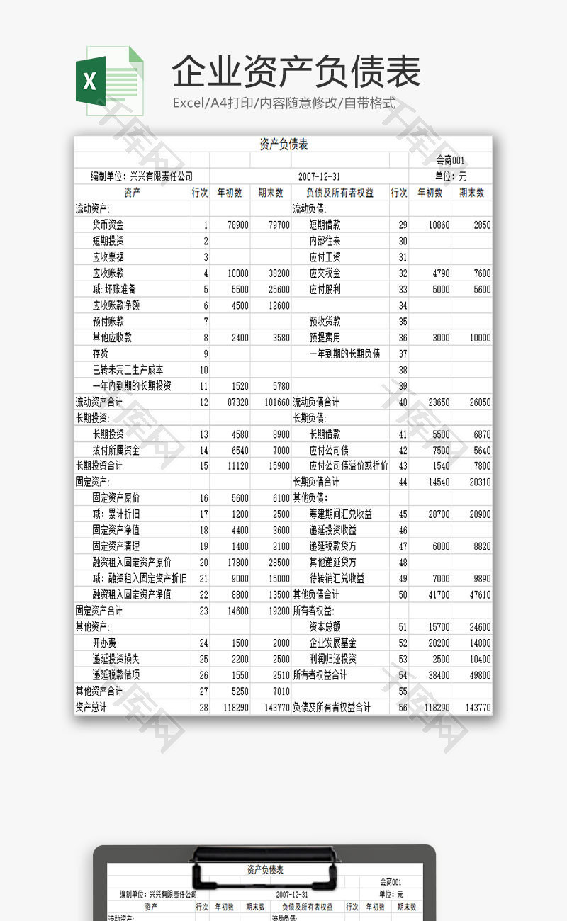 财务报表企业资产负债表Excel模板