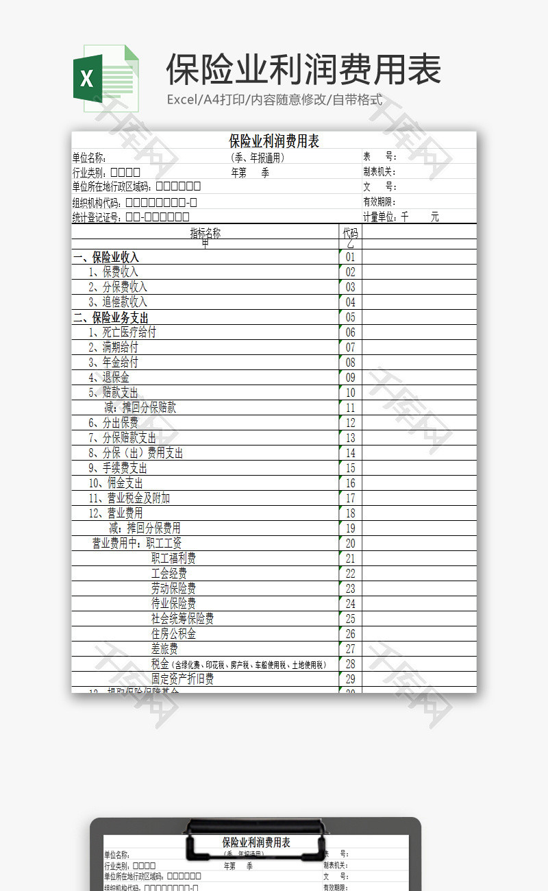 保险业利润费用表EXCEL模板