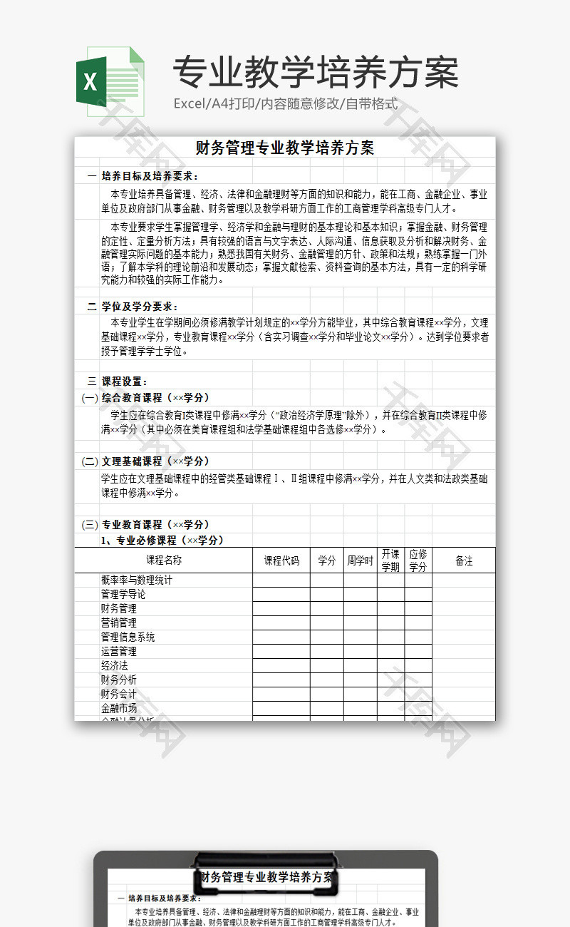 财务管理专业教学培养方案EXCEL模板