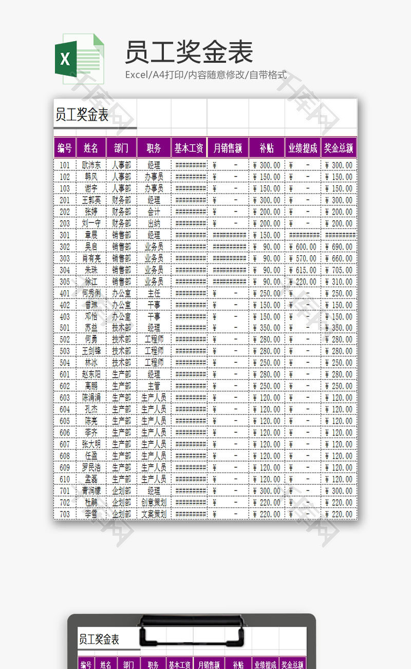 行政管理员工奖金表Excel模板