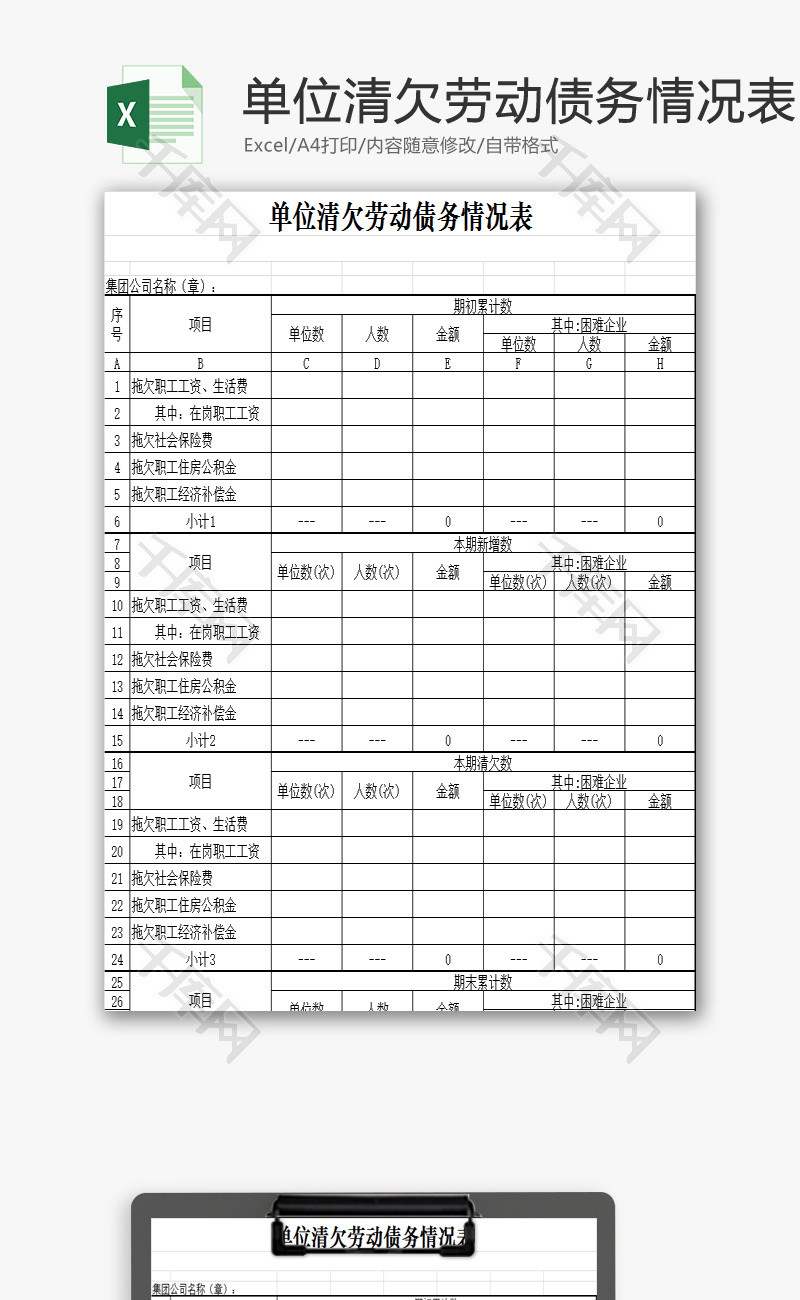 单位清欠劳动债务情况表EXCEL模板