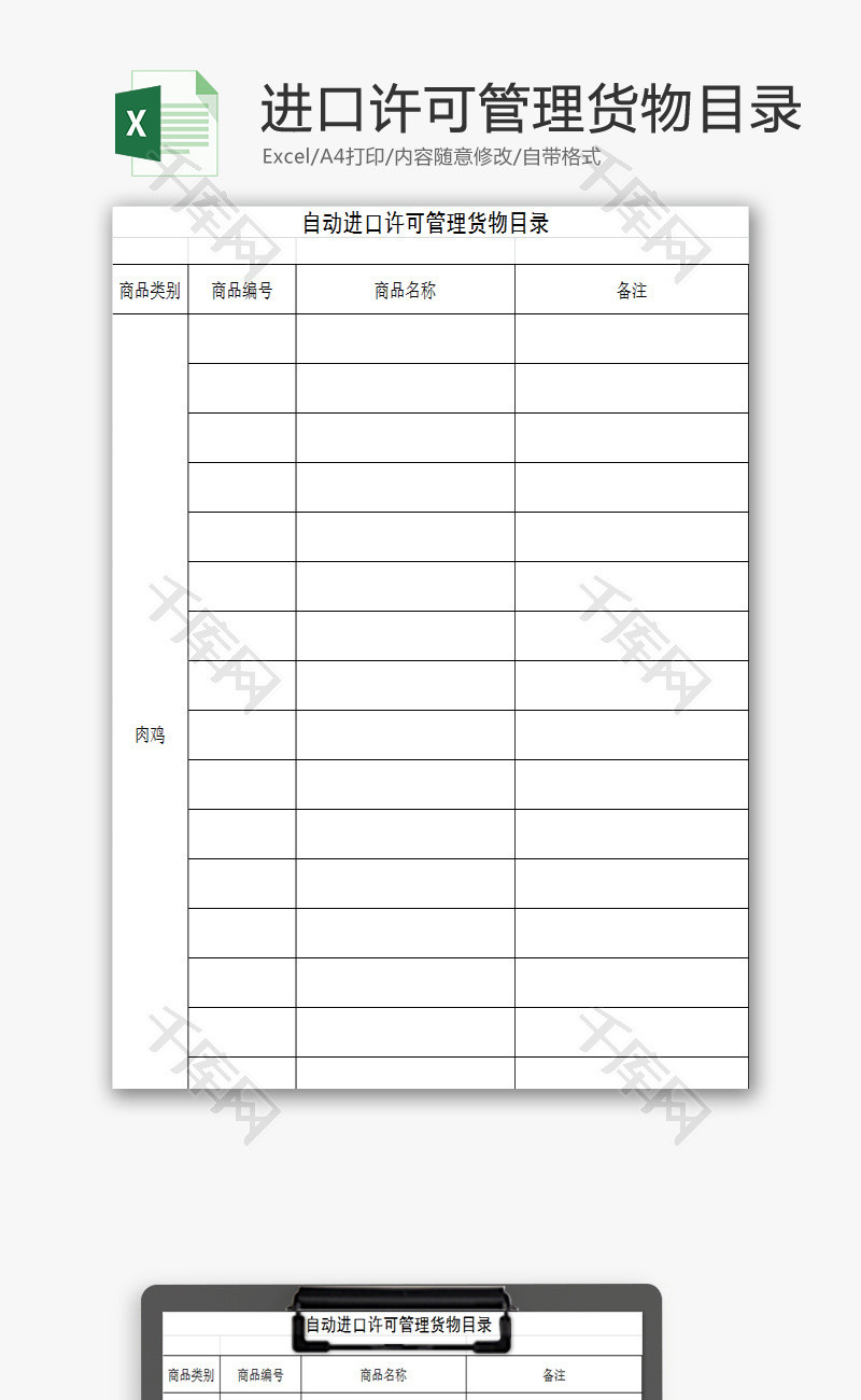 自动进口许可管理货物目录EXCEL模板