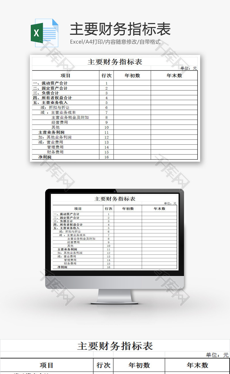 主要财务指标表EXCEL模板